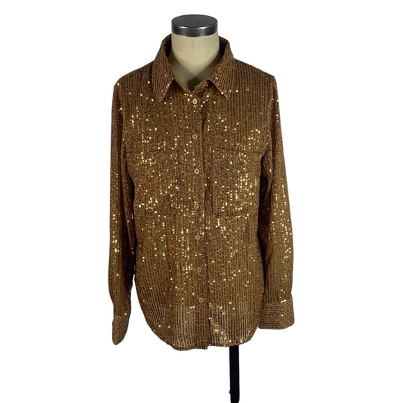 Anthropologie Remie Sequin Button Front Shirt Blouse Large Gold Bronze Top - Picture 3 of 13